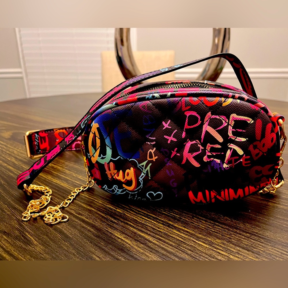 Multi-Color Graffiti Print PU Leather belt Bag